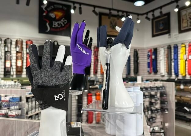 Billiard accessories including chalk, tips and cue glove