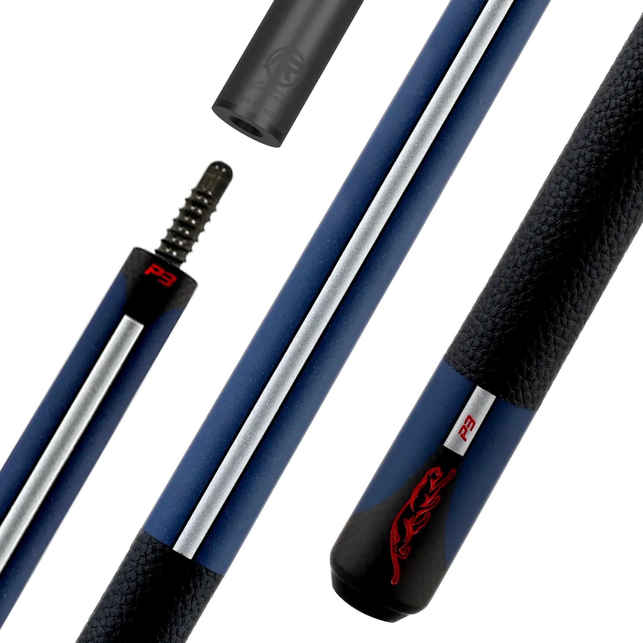Predator P3 Painted Blue Pool Cue with Leather Luxe wrap and Radial joint, full-length view