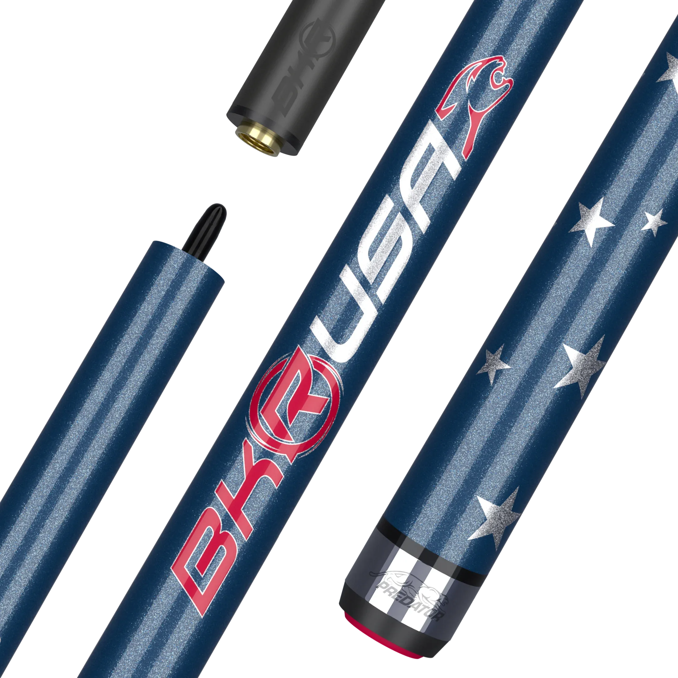 Predator BK Rush USA Break Cue No Wrap with BK Hybrid Tip and Uni-Loc Steel-Lite joint, showing full cue length and natural wood finish